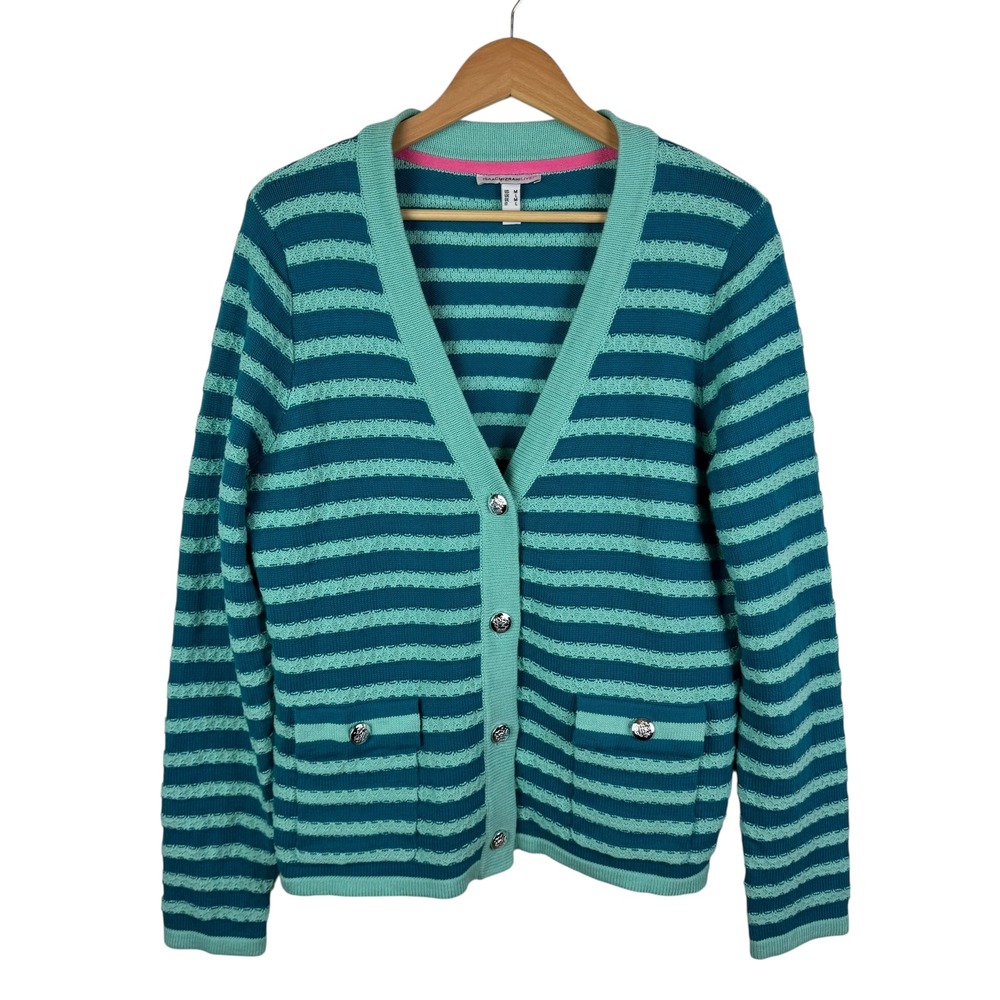 Isaac Mizrahi Live! Striped Button Front Cardigan Sweater Medium Teal Academia